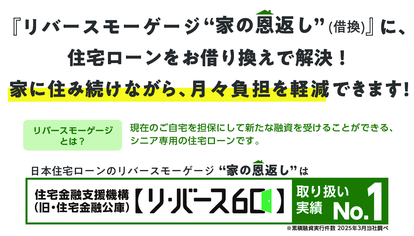 リバースモーゲージ 家の恩返し(借換) に、住宅ローンをお借り換えで解決!家に住み続けながら、 月々負担を軽減できます!